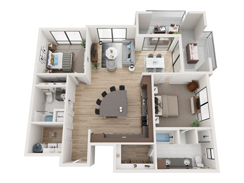 Floor plan for 2 beds, 2 baths, 1334 sqft